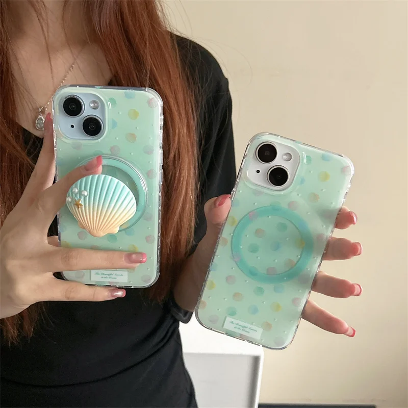 

Dreamy Cute Conch Shell Stand Magnetic Phone Case For iPhone 16 Pro 15 14 13 Pro Max Cover For Magsafe Cases 15 Promax Funda 16