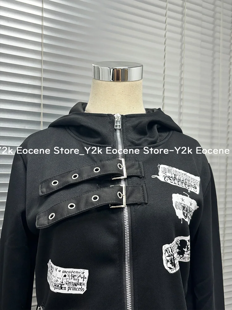 90s Vintage Unicorn Print Cropped Jacket Women Subculture Y2K Street Punk Rock Zipper Tops Jacket Aesthetic Loose Casual Clothes