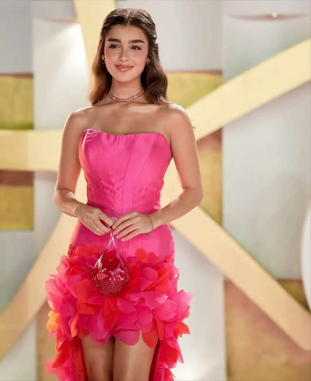 Ofherown Hot Pink Strapless High Low Prom Dress 3D Flowers Appliques Ruffles Hem Evening Gowns for Birthday Party Customzied