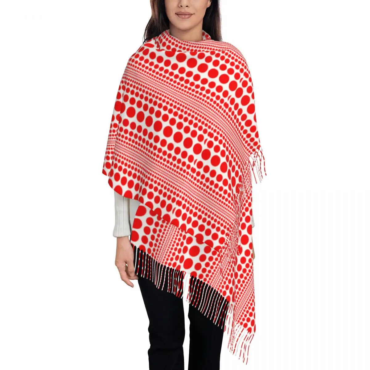 Écharpe à pois rouges Infinity pour femmes, châle chaud d'hiver en pashmina, écharpes à motif Yayoi Kusama recto simple avec pompons