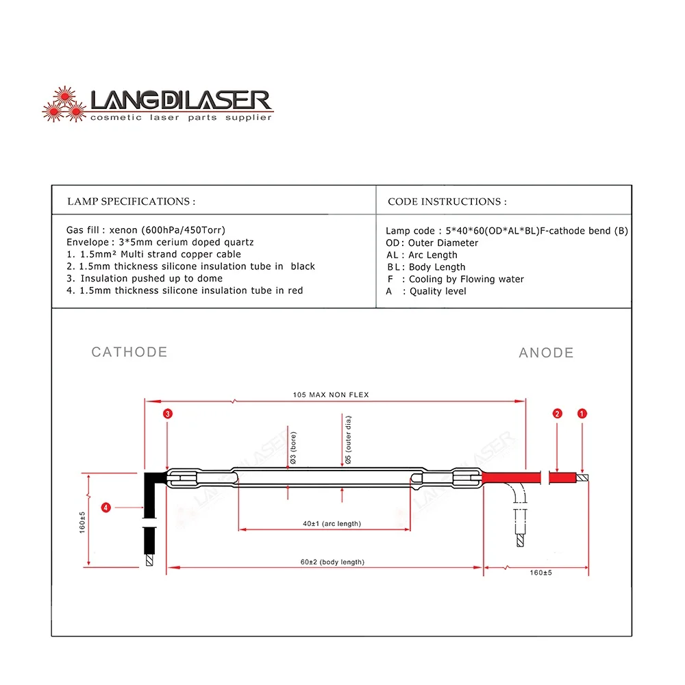 Customized Xenon Arc Flash Lamp / Size 5*40*60F - Cathode Bend / Outer Dia.5mm / Arc Length 40mm / Body length 60mm