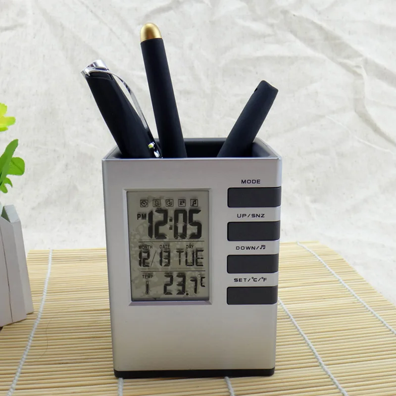 

New Multi Function Pen Pot LED Digital Alarm Clock Office Electronic Desk Clock With Calendar Thermometer School Supplies FC