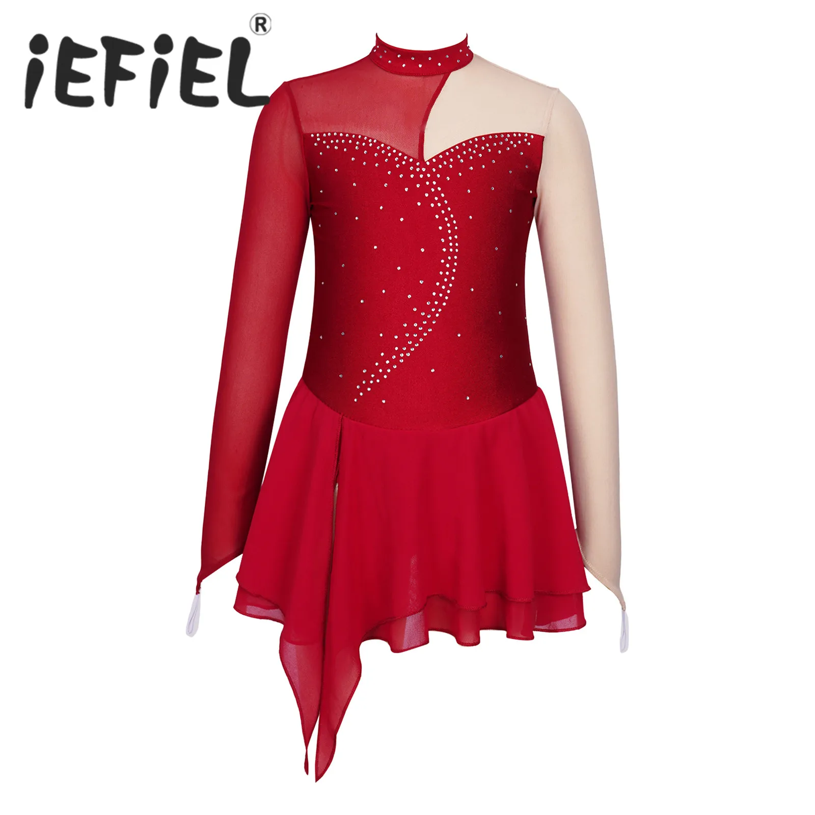 Rhinestone Figure Ice Skating Dress Kids Girls Gymnastics Leotard Ballroom Ballet Dance Costume for Training Stage Performance