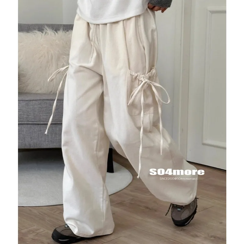 Vintage Bow Lace-up Pockets Casual Cargo Pants Women 2024 Spring New High Waist Solid Color All Match Pleated Wide Leg Pants