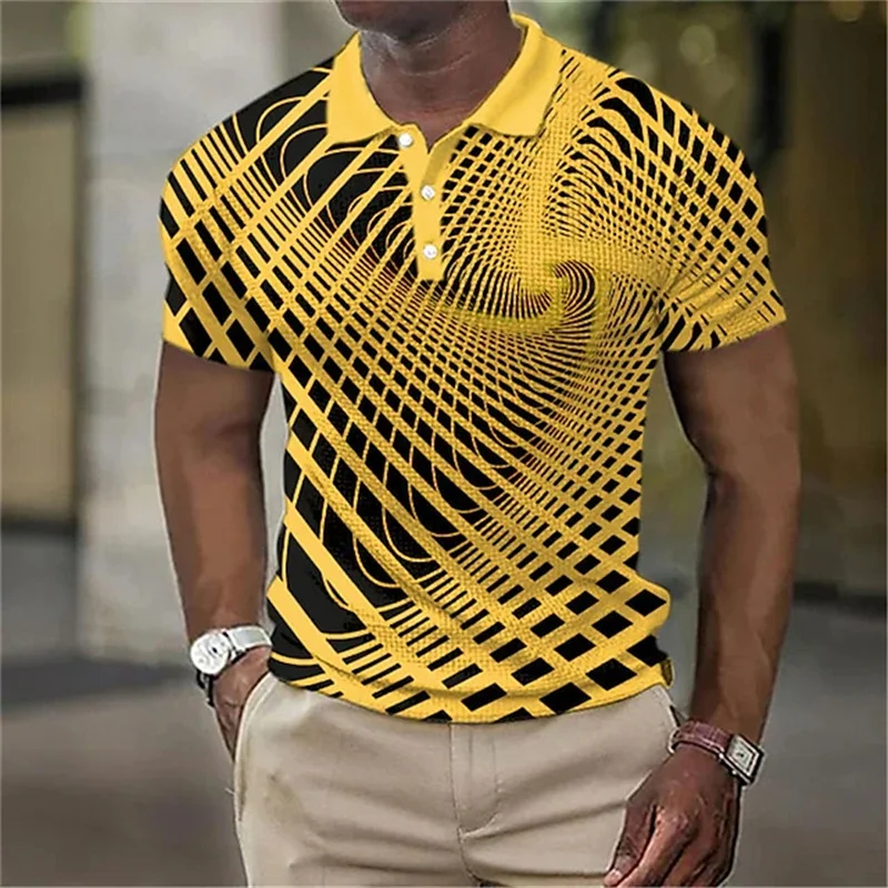 3D Printed Optical Illusion Polo Shirt Men Rainbow Stripes Graphic Short Sleeves Summer T Shirts Top Casual Breathable Lapel Tee