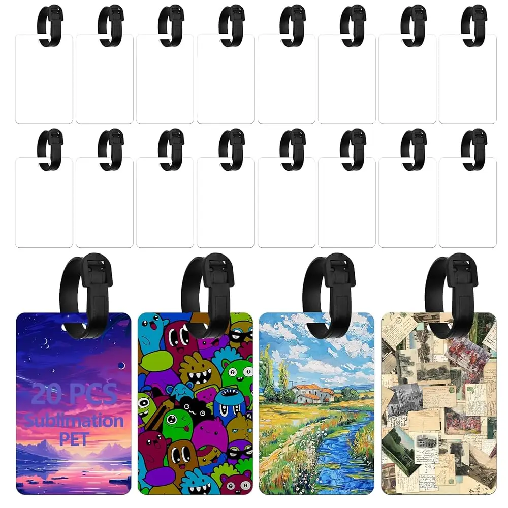 

20 шт. заготовок для сублимационной печати бирок для багажа, белые заготовки бирок для дорожных сумок с ремешком, двусторонние этикетки для чемоданов из ПЭТ.