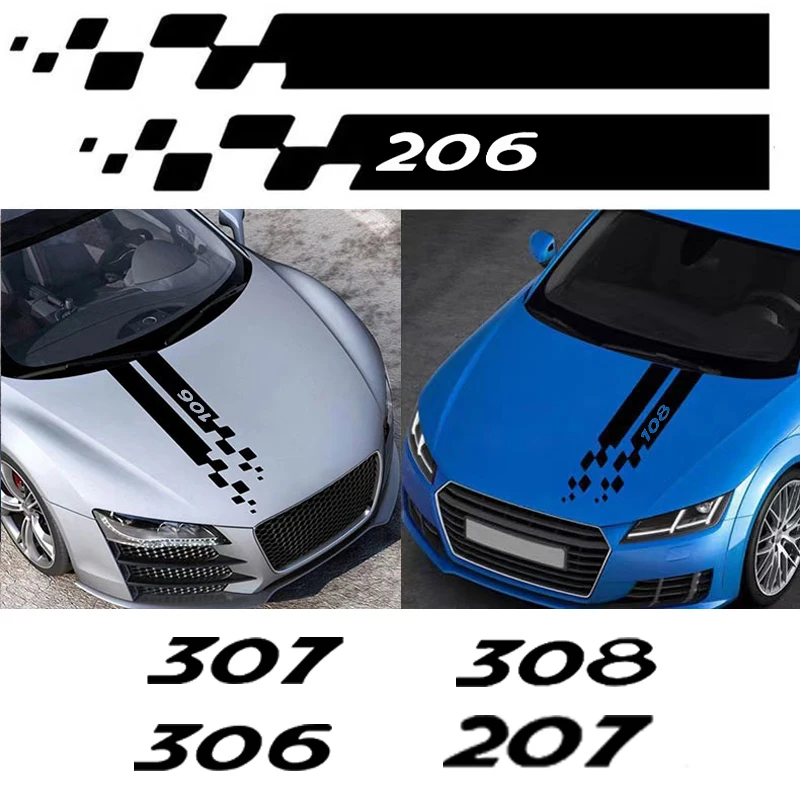 2PCS Car Stripes Hood Sticker Racing Bonnet Sport Decal For Peugeot 106 107 108 206 207 208 306 307 308 Decoration Accessories