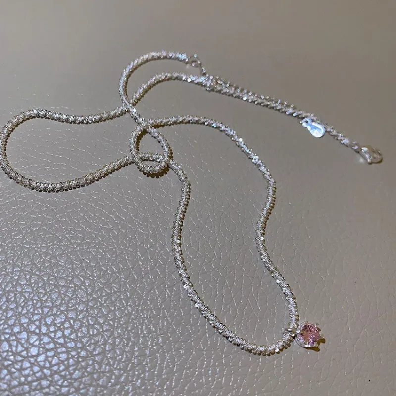 

925 Sterling Silver Necklace For Women Pink Zircon Flickering Sweet Choker Necklace Jewelry Party Birthday Gift