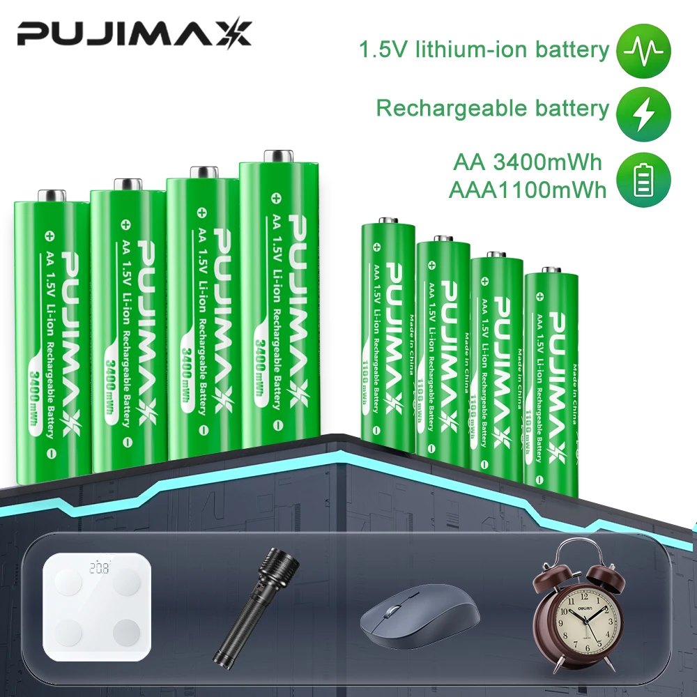 PUJIMAX Rechargeable Battery 1.5V AA 3400mWh+AAA 1100mWh Lithium-ion Battery for Computer Clock Radio Video Game Digital AA AAA