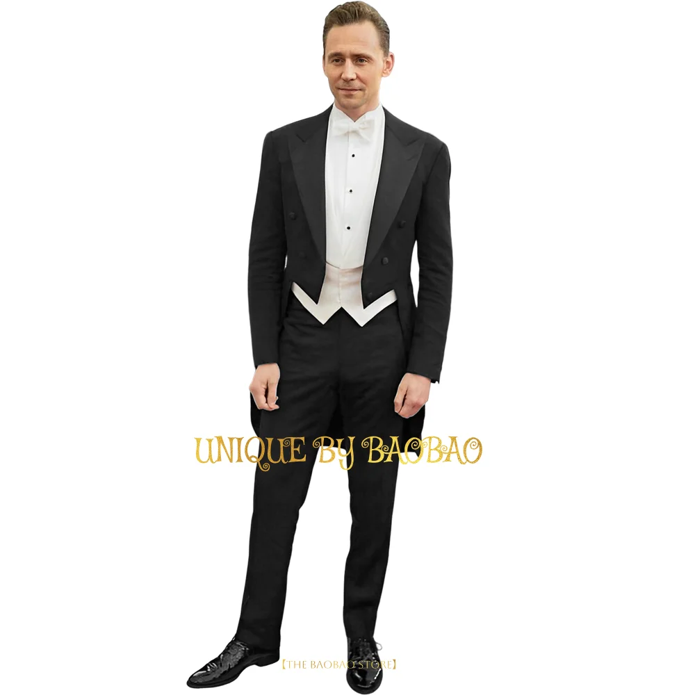 Men's black tailcoat 3-piece set (jacket+vest+pants) wedding banquet hosting performance conductor choir cocktail custom attire