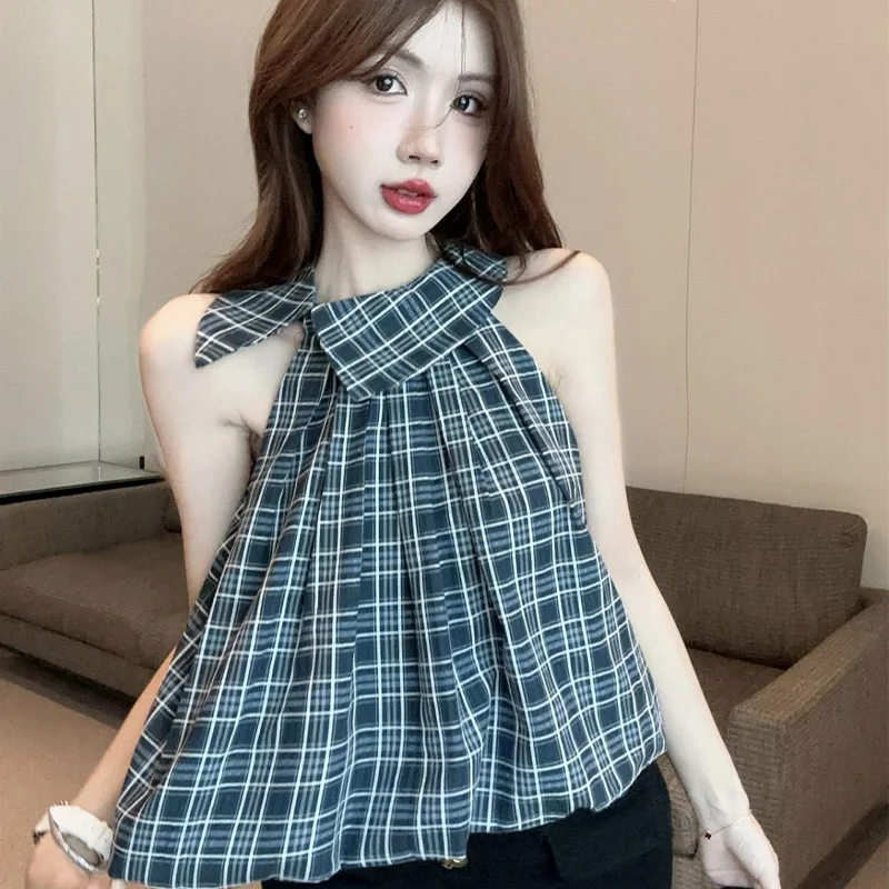 Korean Style Niche Retro Fashion Elegant Plaid Sleeveless Shirt Summer New Popular Original Design Sweet Sexy Slim Women\'s Top