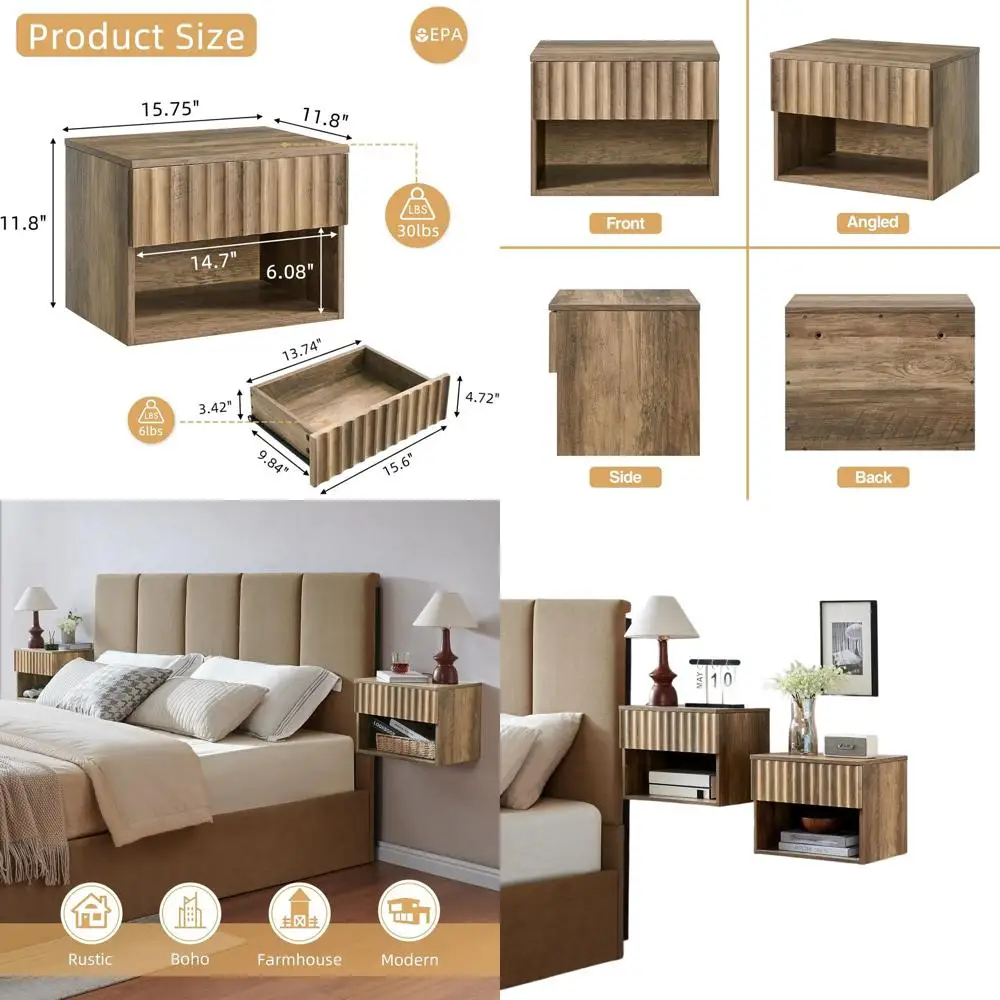

Rustic Brown Wall-Mounted Bed Table with Open Shelves, Ideal for Small Nightstands, TV Stands, or Bedrooms (Set of 2)
