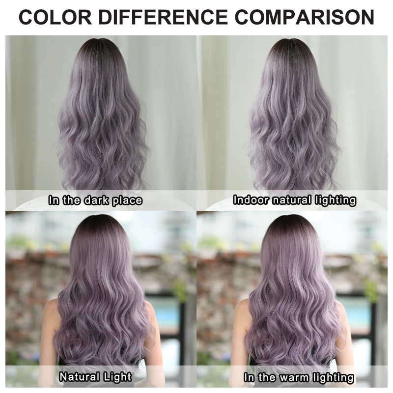 7JHH WIGS Lolita Wig Synthetic Body Wavy Purple Wigs with Dark Roots High Density Layered Hair Wigs for Women Beginner Friendly