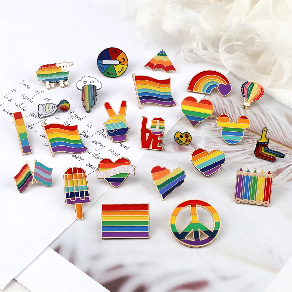 LGBT Art Rainbow Custom Enamel Pins Flag Love Heart Brooches Bag Shirt Lapel Pin Rainbow Clouds YES Gesture Badges Jewelry Gifts