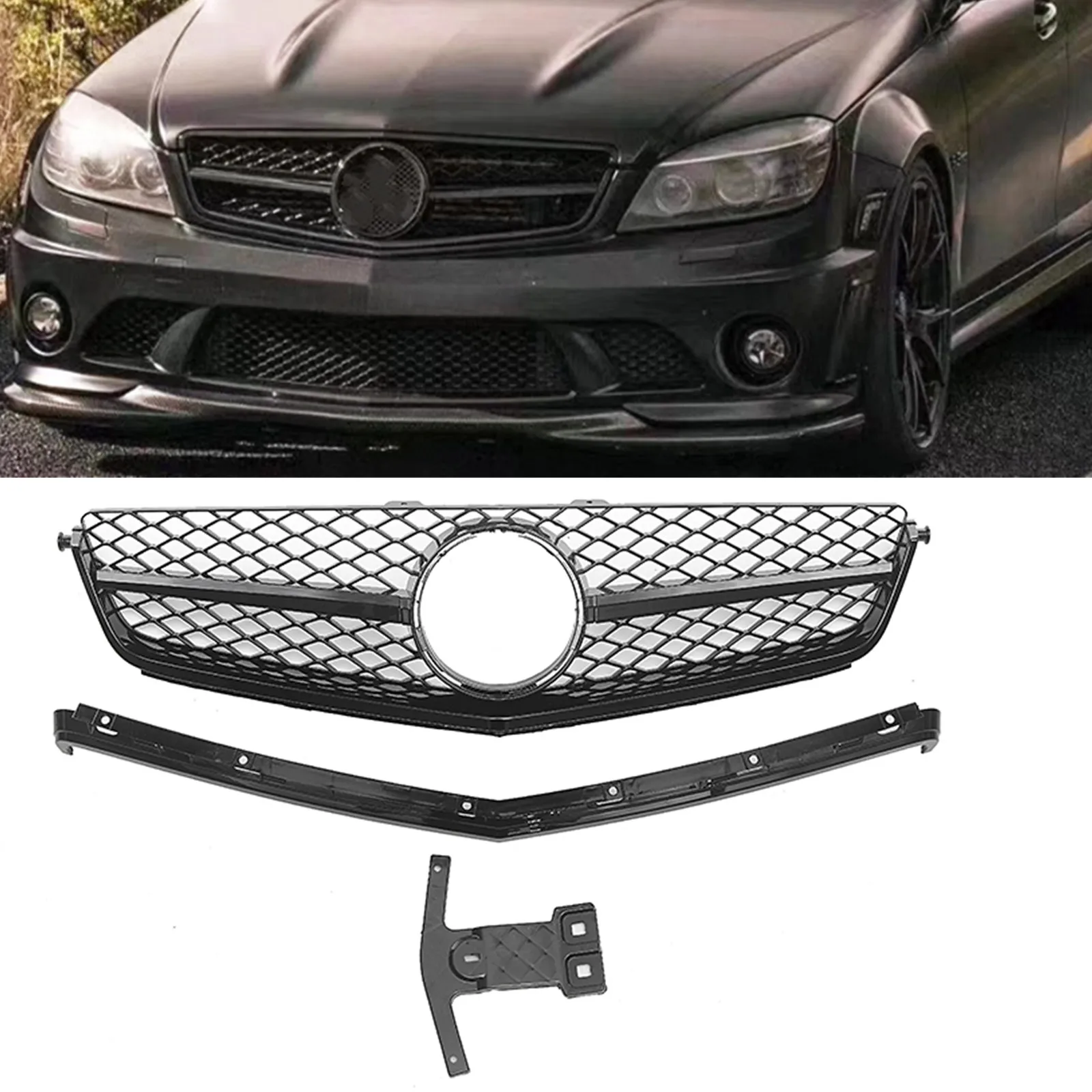 

Grill Front Grille For Mercedes-Benz W204 C-Class C63 AMG Only 2008-2011 Black/Silver Car Upper Bumper Hood Mesh Kit Trim Grid