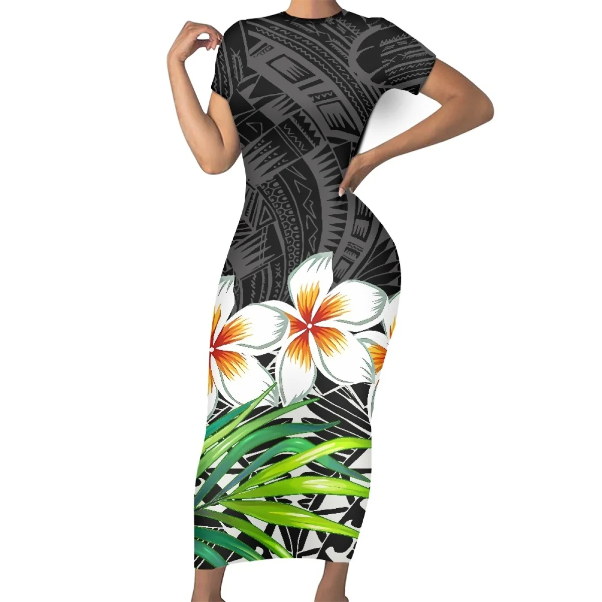 

Casual Dress Summer Polynesian Tiare Monoi Design Short Sleeve Midi Dress Women 2025 Printed On Demand