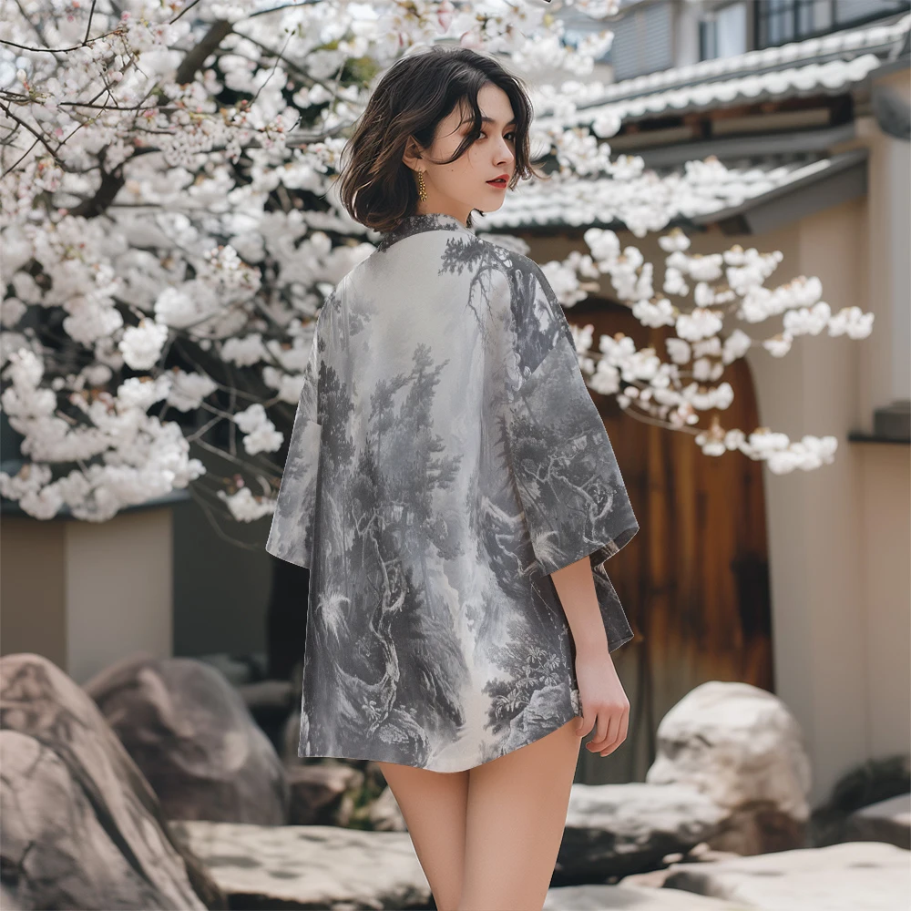 Encre de Chine Vent Imprimé Kimono Traditionnel Japonais Mode Casual Kimono Respirant Casual Confortable Unisexe Kimono