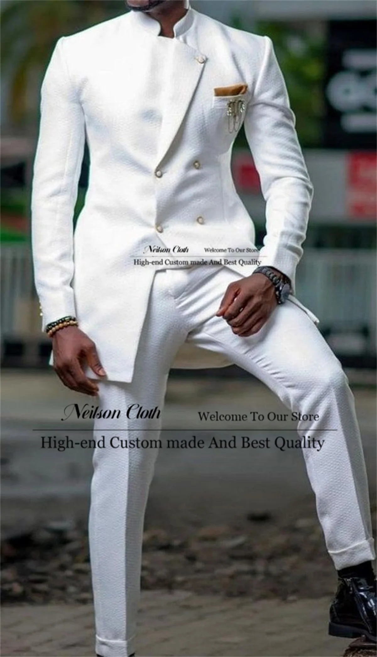 

Formal Stand Collar Male Prom Blazers 2 Pieces Sets Double Breasted Groom Wedding Tuxedos Customized Slim Fit Costume Homme