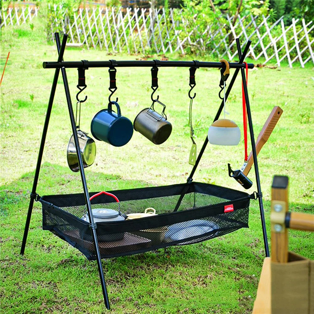 Outdoor Cookware Hanging Rack with Under Net Bag Hanging Organizer Stand Support Bracket 8kg Bearing Weight Foldable Portable Ca