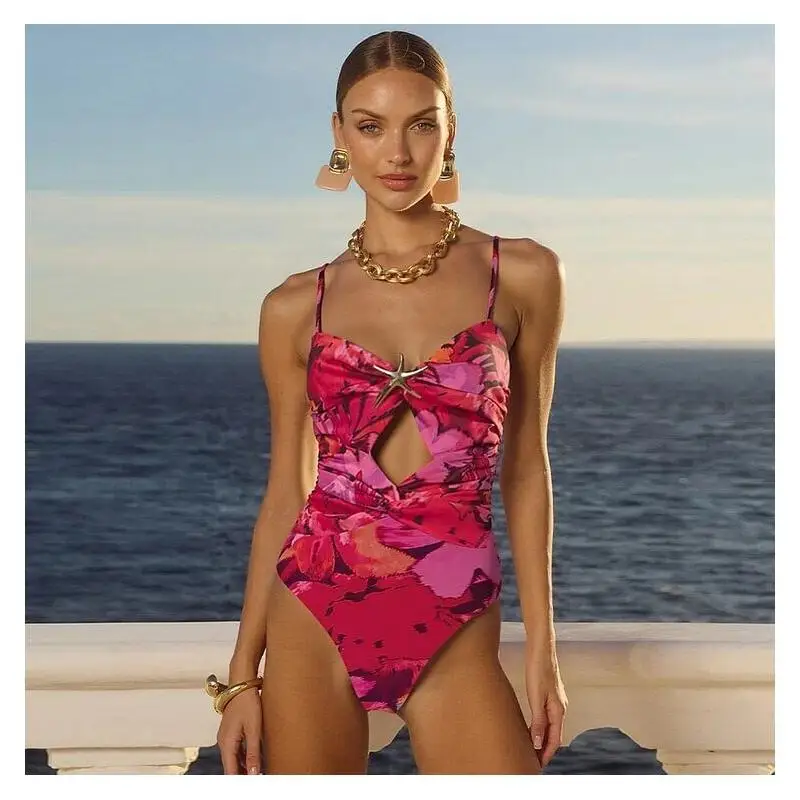 Flaxmaker Summer One Piece Swimsuit and Skirt Sleeveless Red Flowers Printed Swimwear Hollow Out Beachwear Biquini conjunto de