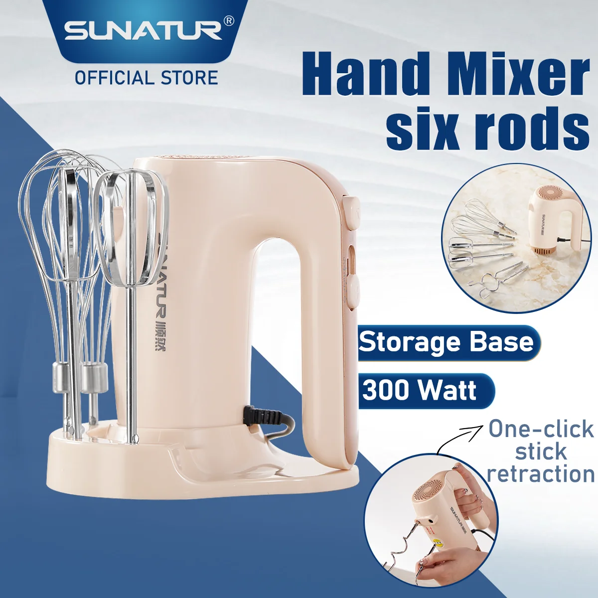 SUNATUR 300W Electric Hand Mixer 3 in 1 Mixer egg beater Baking appliances Handheld Blender machine with storage base Cream Whip