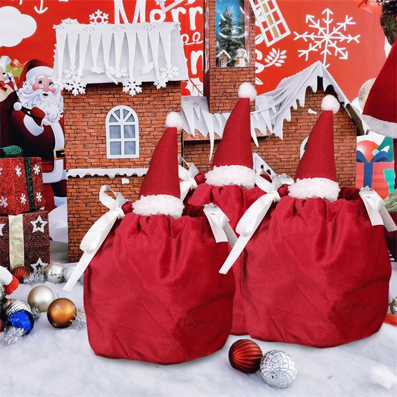 Bolsa de regalo de Navidad, sombreros de Papá Noel de terciopelo rojo, bolsas con cordón, embalaje de regalo para galletas y dulces, bolsas de almacenamiento de joyería