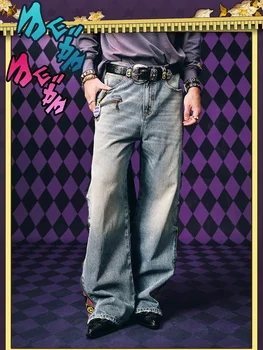 JoJo Straight Jeans 2 JoJo Anime Zip Off Panel Jeans Men Women High Waist Wide Leg Detachable Print Denim Pants Purple Gold Patchwork Straight Jeans 2