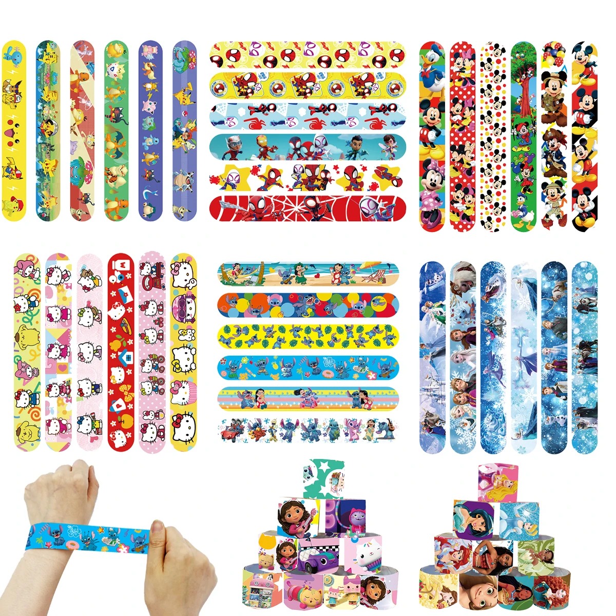 12pcs Stitch Spiderman Hello Kitty Party Favors Slap Bracelet Frozen Princess Toy Story Pokemon The Avengers Birthday Gifts