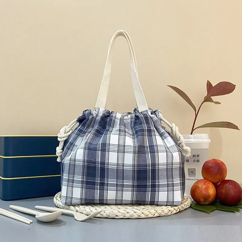 

Plaid Drawstring Handbag Waterproof Oil Resistant Lunch Bag Portable Cosmetic Storage Pouch Fashion Carry Tote