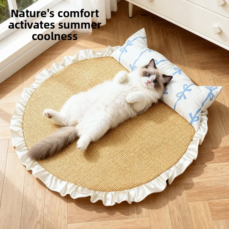 Dog Summer Rattan Cooling Mat with Lace Edge, Breathable and Easy to Clean, Comes with Pillow, Pet Mat for Cats