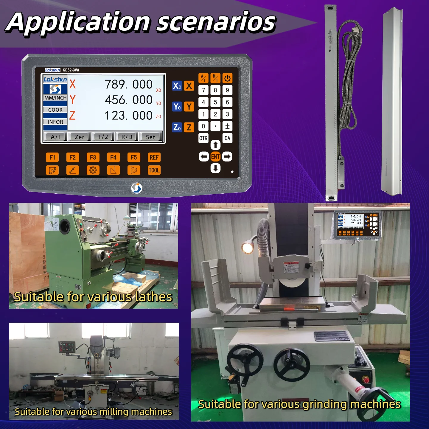 New SDS-3VA SDS200S 3 Axis LCD DRO Digital Readout Display and 3 Pieces 70-1020mm Linear Scale Encoder For Milling Lathe Machine