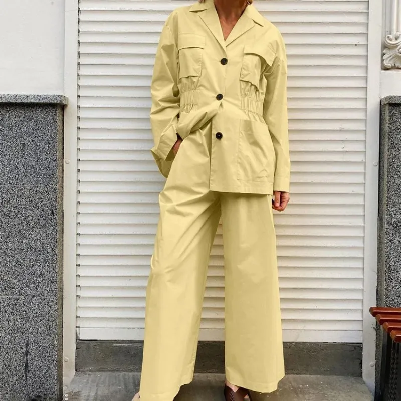 

2026 Elegant Women Pants Set Y2K Long Sleeve Elastic Waist Button Pocket Shirt Top Wide Leg Trousers Two Piece Set Loose Outfits
