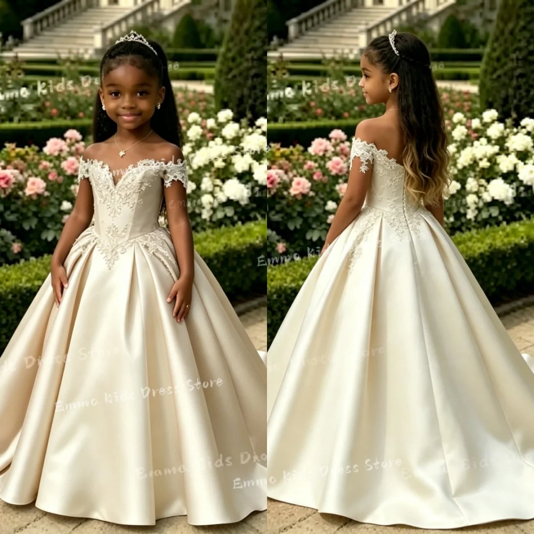 Custom Elegant Satin Flower Girl Dress Lace Applique Mermaid Princess Dress  High-Low Hem First Stage Gown Communion Dress