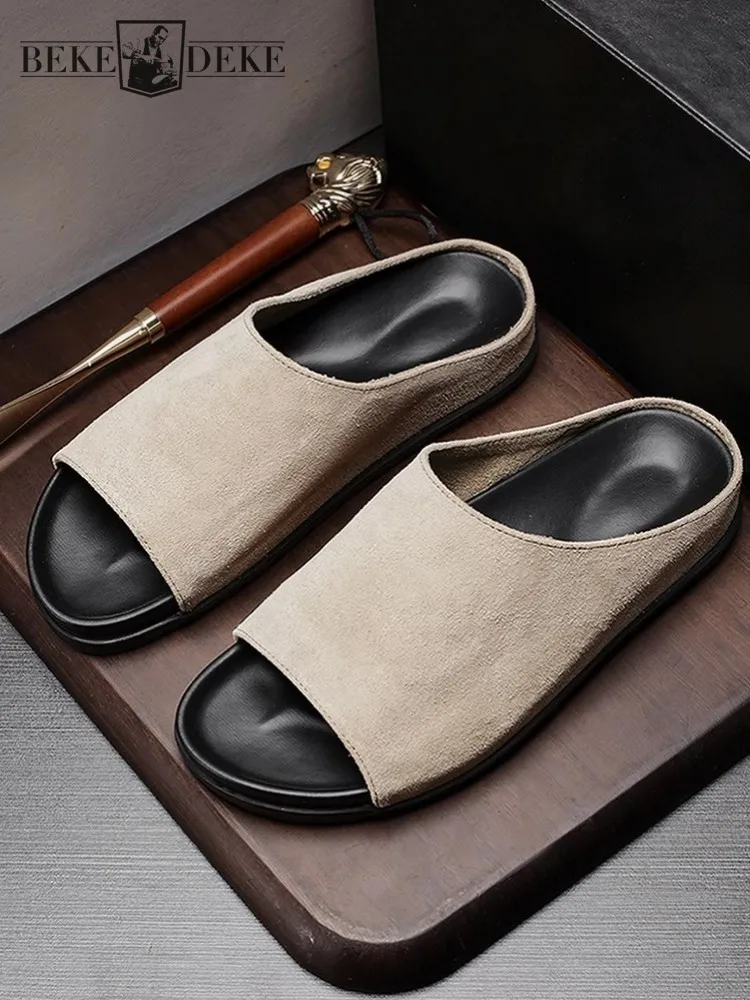 Outside Men Cow Suede Casual Shoes Summer Open Toe Non Slip Genuine Leather Sandal Breathable Summer Footwear Male Beach Sandals