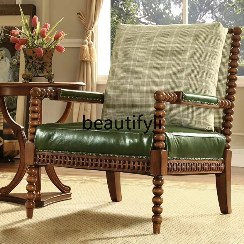 

American Style Solid Wood Genuine Leather Tiger Chair Living Room Single Sofa Vintage Carved Hotel Reception Chair
