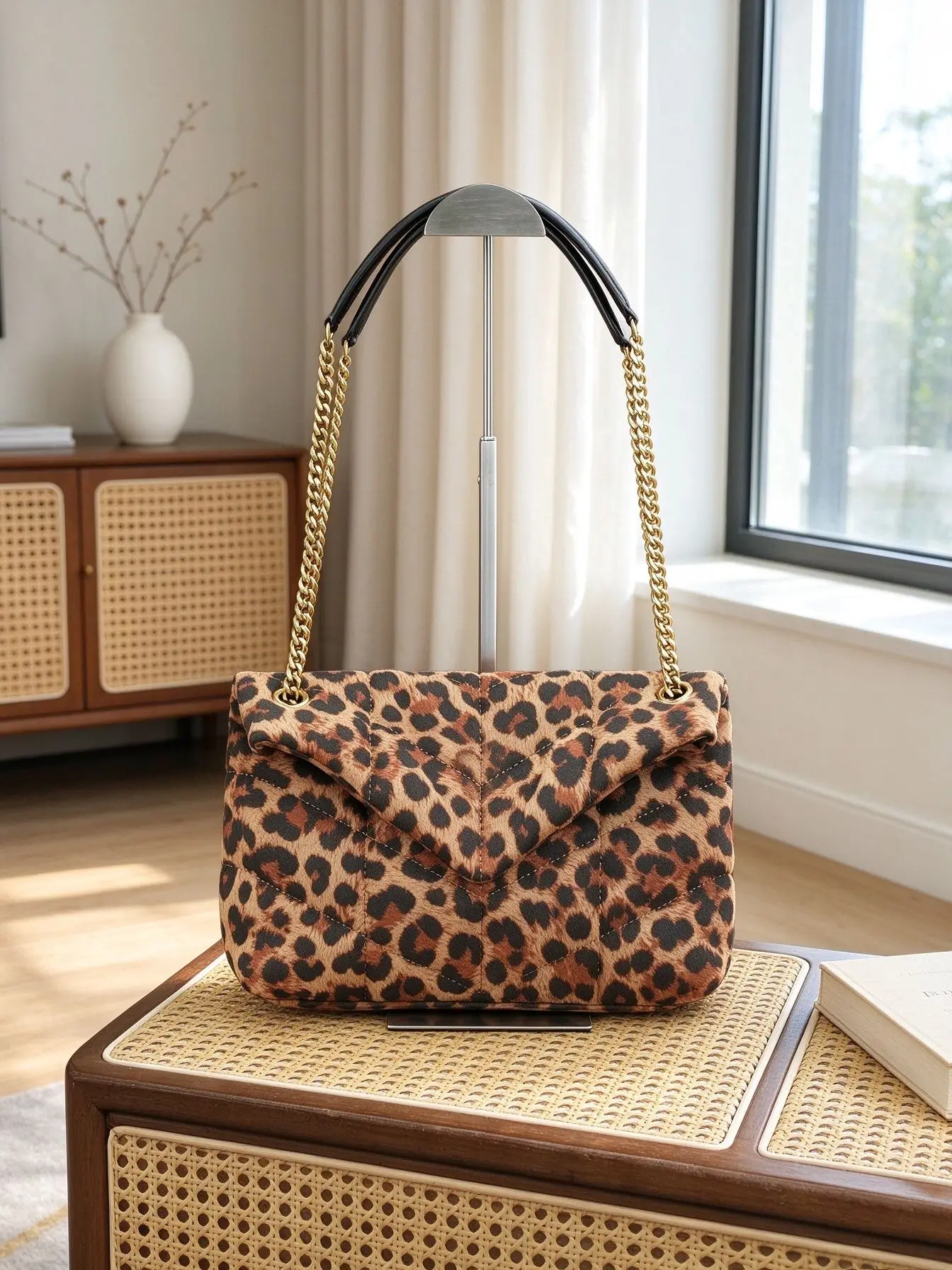 Unisex Vintage Leopard Pattern Furry Box Bag Gold Metal Hardware Top Handle Adjustable Crossbody Shoulder Purse
