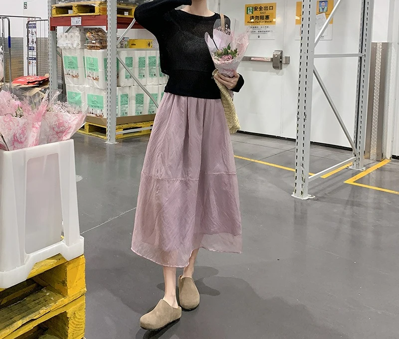 

2025 Summer New Gentle Half Length Skirt for Women High Waist A-line Puff Yarn Skirt