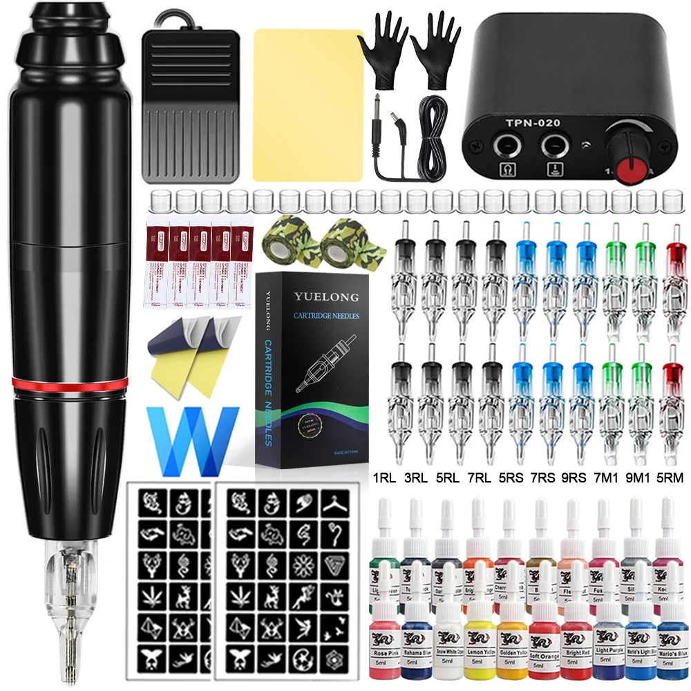 Complete Tattoo Machine Pen Kit Power Supply Cartridge Pen With Mix Size Cartridges Needles Set for Tattoo Permanent Makeup Kit