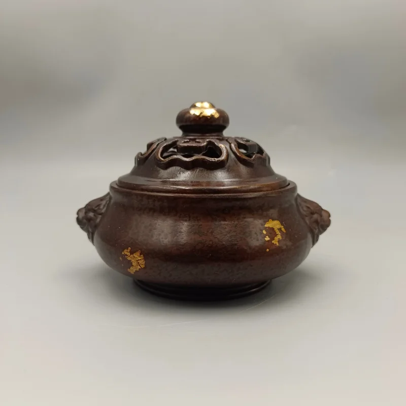 Lion Head Ear Ingot Cover Incense Burner, Copper Collectible Ornament, Home Decor Craft