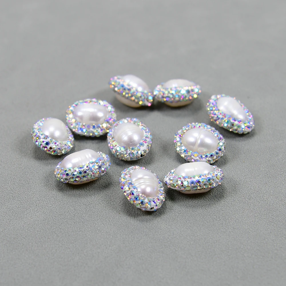 10 Pcs Natural Cultured White Egg Rice Pearl Trimmed With CZ Rhinestone Beads Spacer Jewelry Finding Accessories