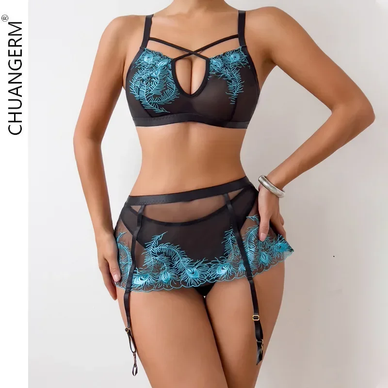 

CHUANGERM Fashion Luxury See-Through Embroidery Mesh Bra Garter Set Transparent Underwear Sets Women Three-Piece Set Onlyfans