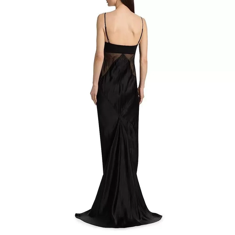 High Street RO Style Dress Black Suspender Women's See Through Waist Satin Slim Fit Hip Hugging Fish Tail Trailing Long Dress