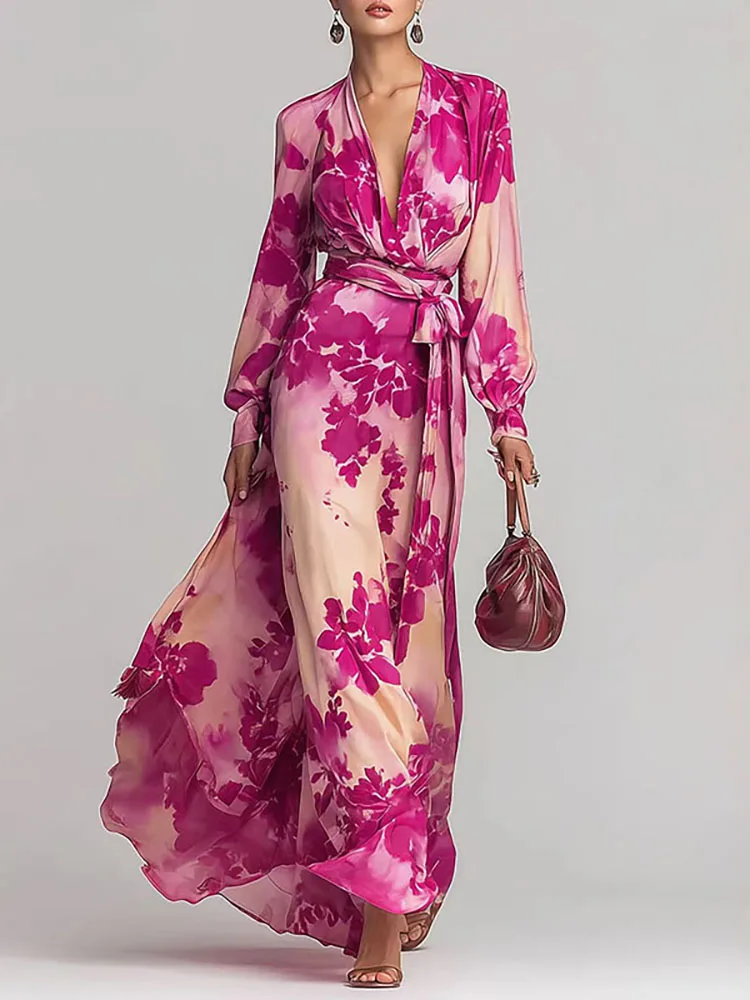 Elegante feestjurken voor dames met lentermuiltjesmouwen, chique bloemenprint, V-hals, holle maxi-jurk, zomerjurk met hoge taille en strik, boho-jurk - afbeelding 2