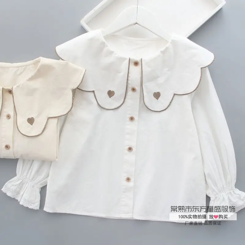 Girls Shirt White Spring and Fall New Girls Doll Collar Cotton Blouse Children Long-sleeved Shirt Toddler Girl Clothes