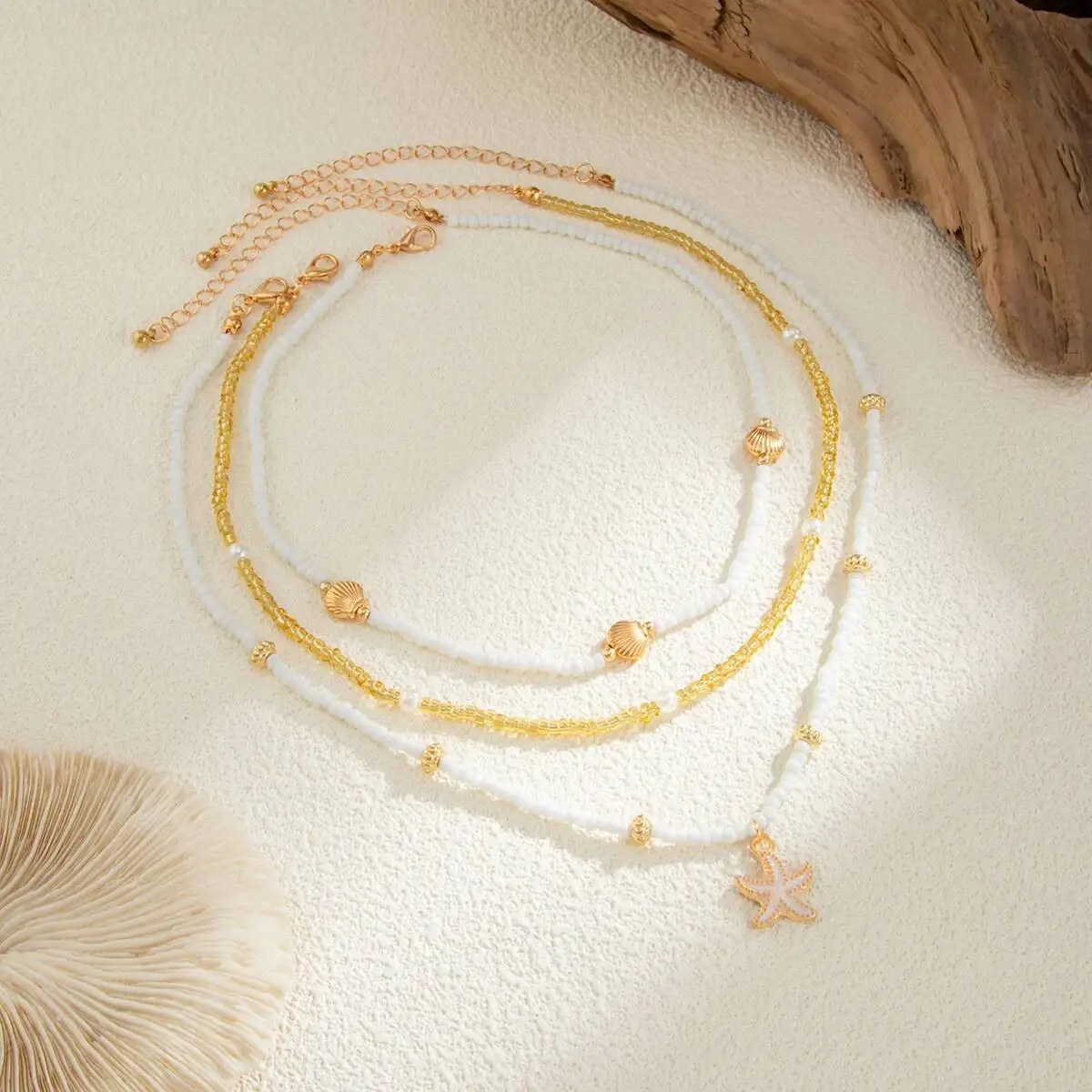 

Ingemark 3Pcs/Set Boho Handmade Bead Delicate Scallop Starfish Pendant Necklace Women Summer Beach Vacation Party Chain Jewelry