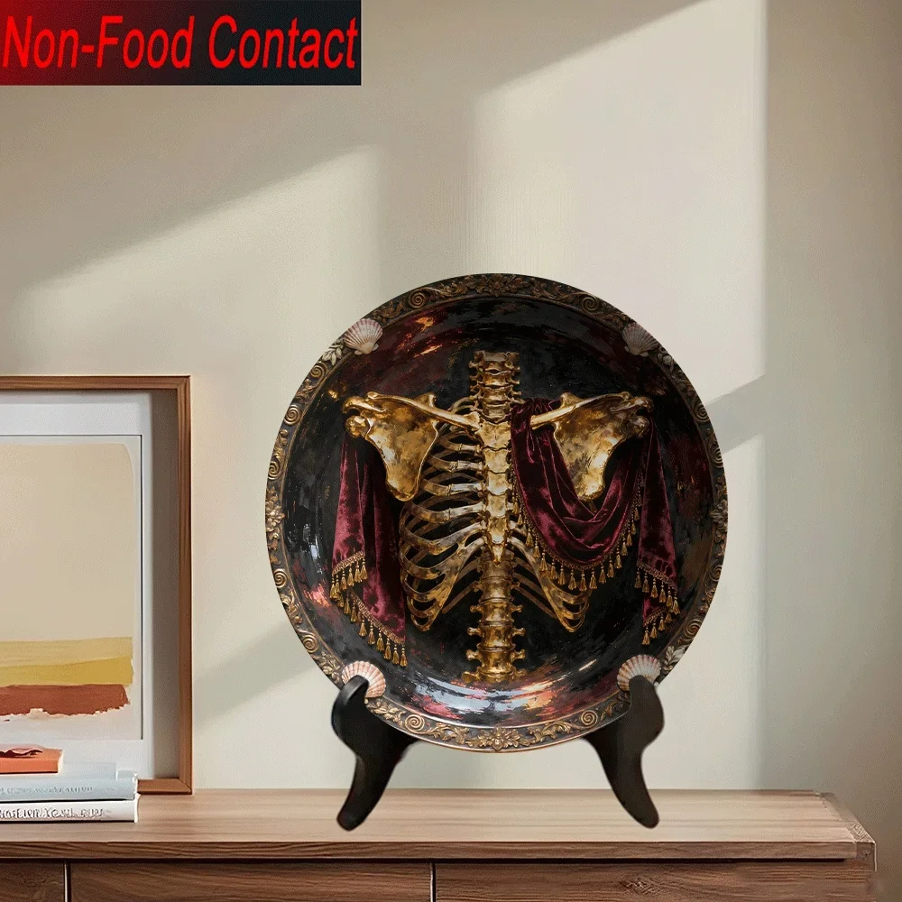 1pc Gothic Ceramic Decorative Plate - Elegant Skeleton & Red Drapery Design, Non-Food Contact Surface, Round Tabletop Ornament