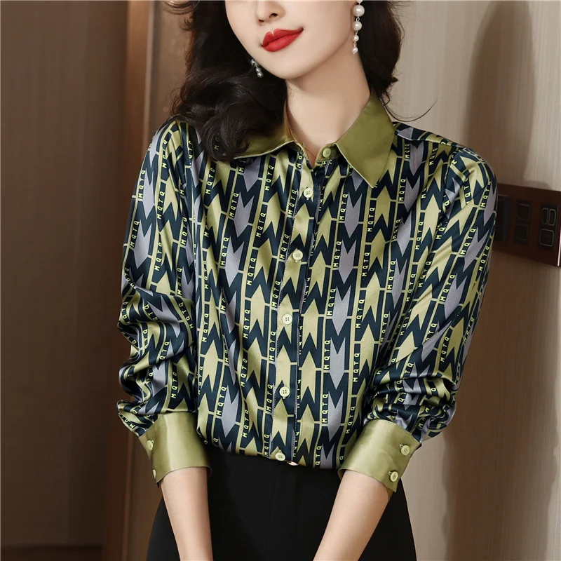 2023 New Spring Autumn Women Top Silk Shirts Blouses Elegant Office Ladies Long-Sleeve Vintage Print Satin Shirt Female Clothes