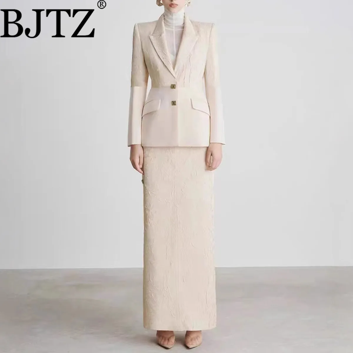 

BJTZ Новый высококачественный жаккардовый пиджак с разрезом, прямая длинная юбка, комплект из 2 предметов для зрелых женщин, осенний темперамент 2025, элегантный комплект
