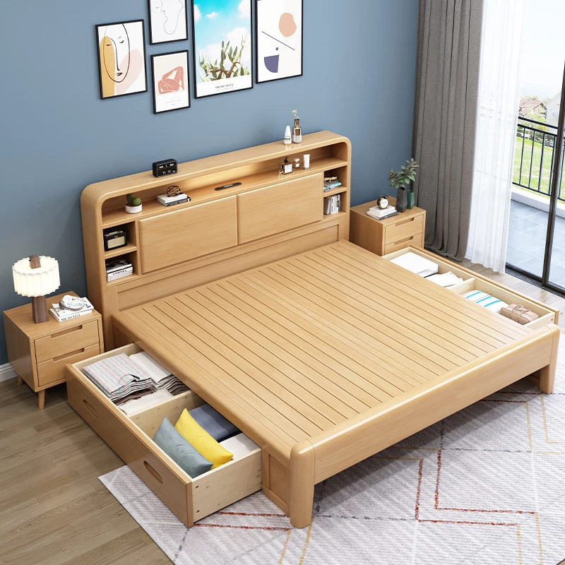 

Nordic solid wood bed modern simple bedroom 1.8 soft with night light double bed High Quality
