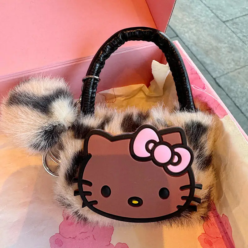 Nouveau Sanrio Hello Kitty en peluche imprimé léopard mini sac à main pendentif boule en peluche Cool fille sac à dos sac pour enfants jouets cadeaux de vacances